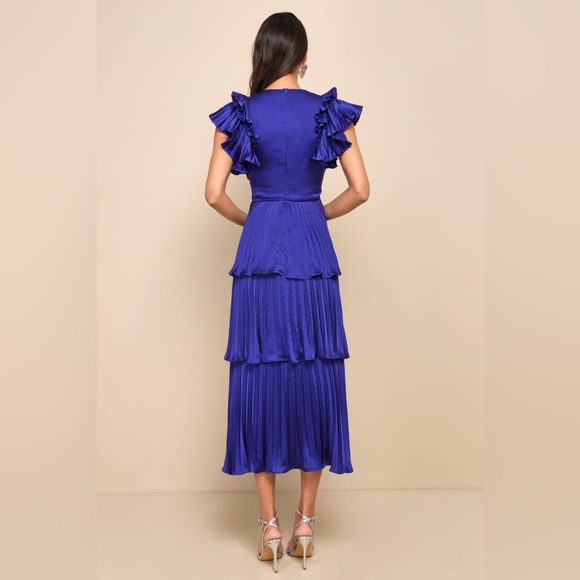 NWT Lulus Stunning Desire Cobalt Blue Satin Pleated Tiered Midi Dress MD - Picture 2 of 8